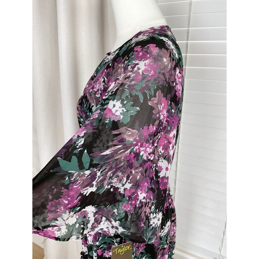 Taylor Floral Maxi Dress Purple Black Flutter Sleeve Smocked Waist Size 12 NEW - Picture 6 of 14